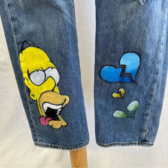 Levi's 501 custom hand‎ painted cartoon graffiti high waist jeans size 32x30 - Picture 9 of 16